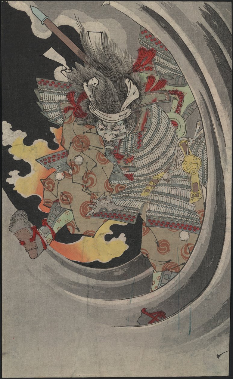 The Ghost of the General Taira no Tomomori Crashing Through Waves at Nunobiki Waterfall by Tsukioka Yoshitoshi