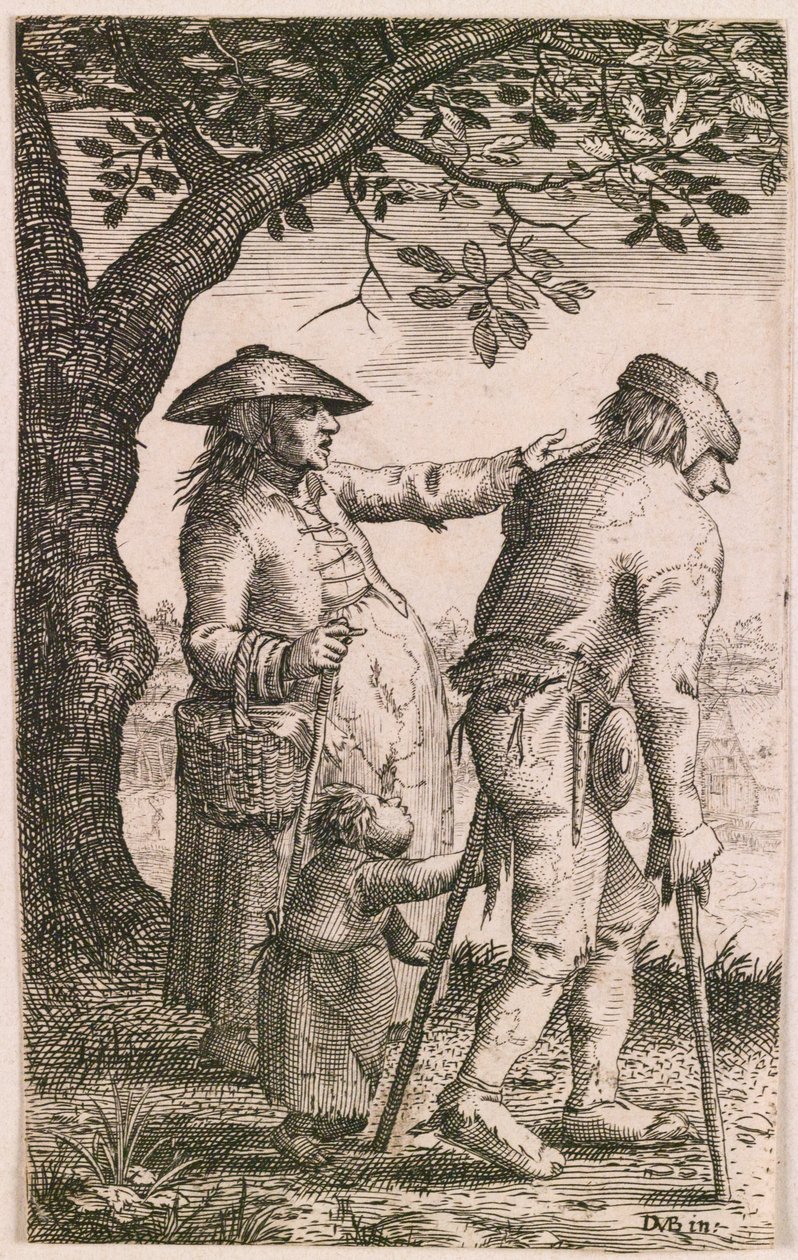 Beggar with Crutches, Woman and Child by Ubekendt