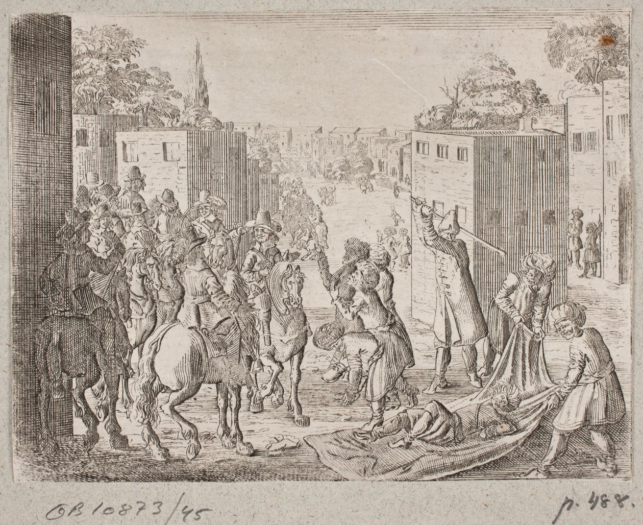 Dead(?) Oriental Wrapped in a Cloth in the Presence of a European Company on Horseback by Ubekendt