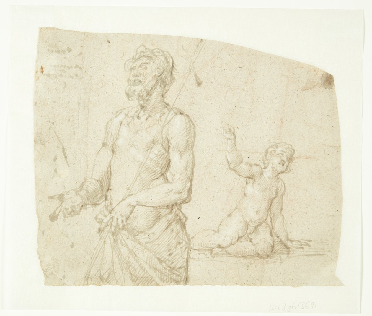 A Man with a Cross Staff over His Shoulder (John the Baptist?), with a Boy Lying Behind Him by Ubekendt