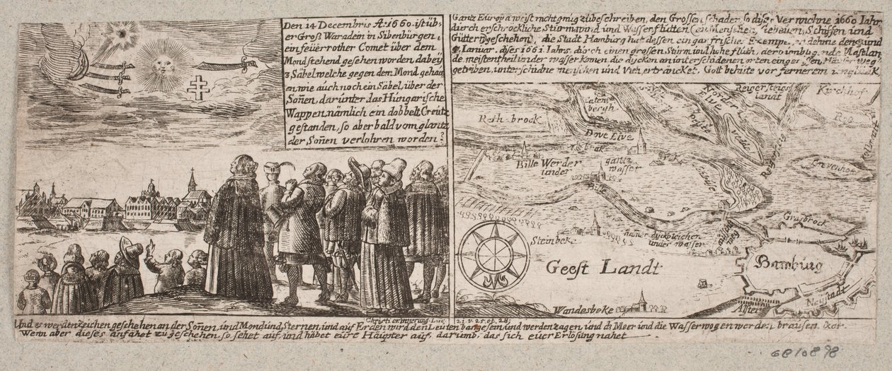 Comet Seen in Grosswardein, Transylvania, December 14, 1660, and Map of the Area Near Hamburg During the Storm Flood on January 4, 1661 by Ubekendt