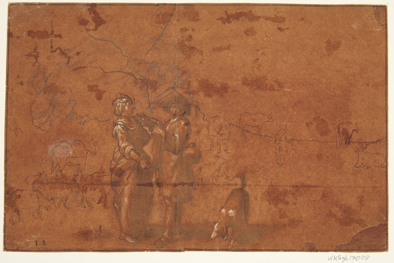 Woman and Man with Dog; Studies of Various Animals by Ubekendt