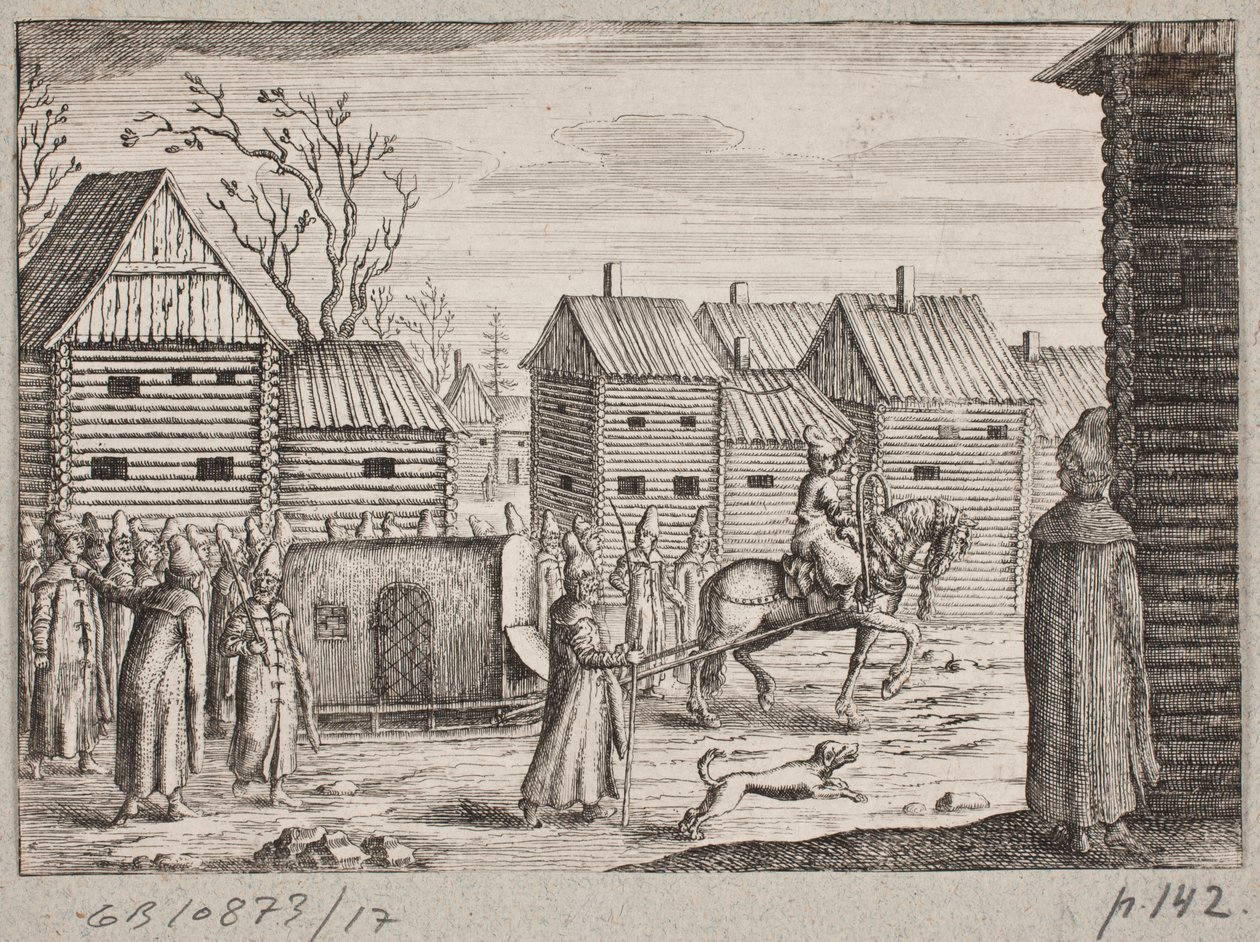 Russian Town with Men Gathered Around a Covered, Horse-Drawn Sleigh by Ubekendt