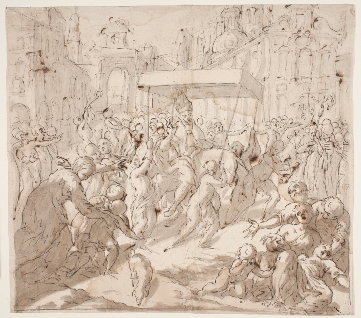 A Bishop, Riding on a Donkey Under a Canopy, Enters a City with a Procession, Blessing Children and Sick People by Ubekendt Genova