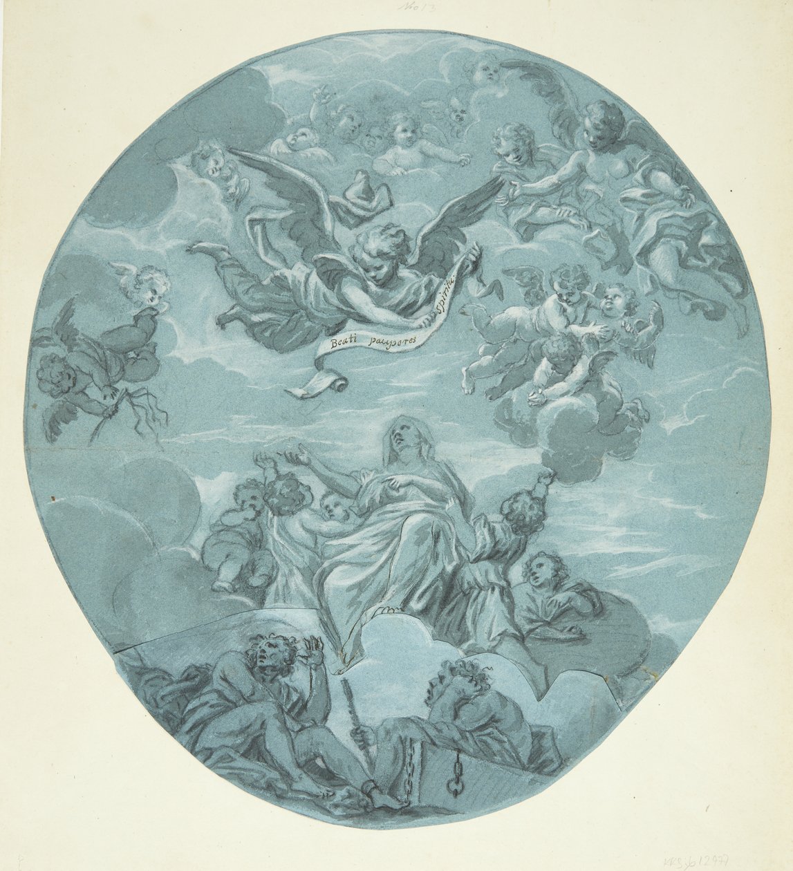 A Female Saint on Clouds, Surrounded by Putti, Above Her Angel Children and an Angel Holding a Scroll with the Inscription: Beati pauperes spiritu by Ubekendt Ubekendt