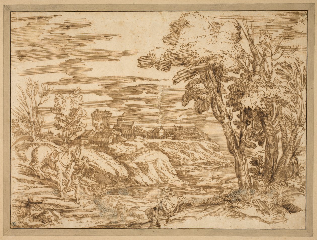 River Landscape with a Seated Man with a Turban and a Boy Leading a Horse in the Foreground, after the Etching B.8, Attributed to Titian by Ubekendt Ubekendt