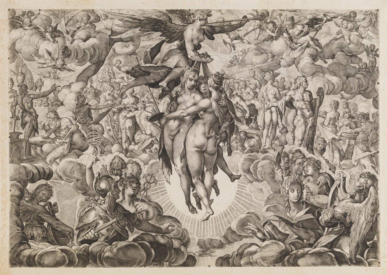 Painting, Sculpture, and Architecture, Banned by the Turks, Withdrawn to Olympus by Ubekendt efter Jan Muller; H. Goltzius; Ae. Sadeler og Lucas Kilian efter Bartholomeus Spranger