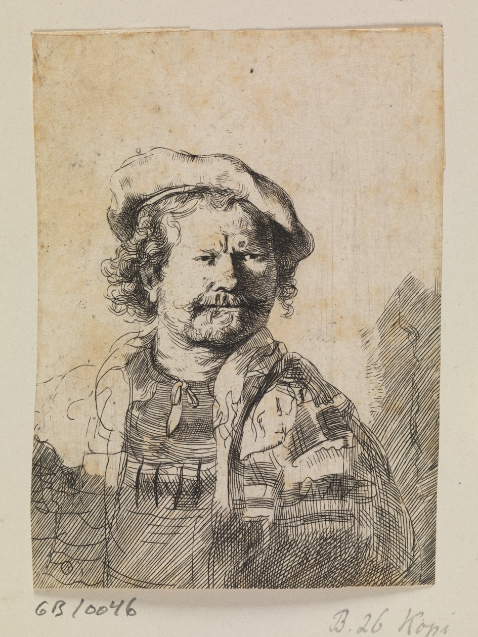 Rembrandt in a Flat Cap and Embroidered Dress by Ubekendt efter Rembrandt