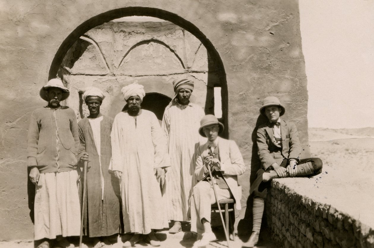 Four Workers, Architect Ferdinando Reggiori and Archaeologist Ugo Monneret de Villard in Monastery of St Simeon, Aswan, Egypt by Ugo Monneret de Villard