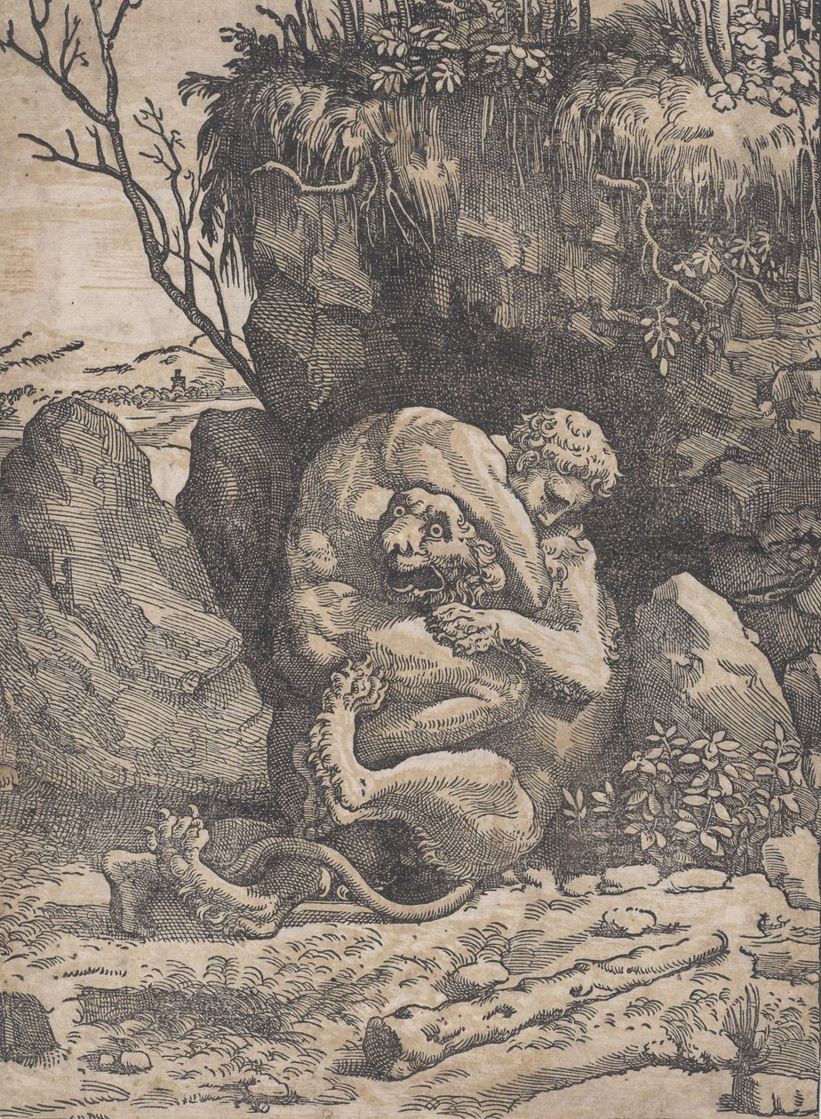 Hercules and the Nemean Lion by Ugo da Carpi