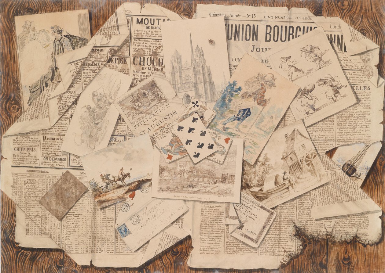Collage with Watercolors, Playing Cards, Graphics, and Newspaper on a Wooden Wall by Unbekannt Unbekannt