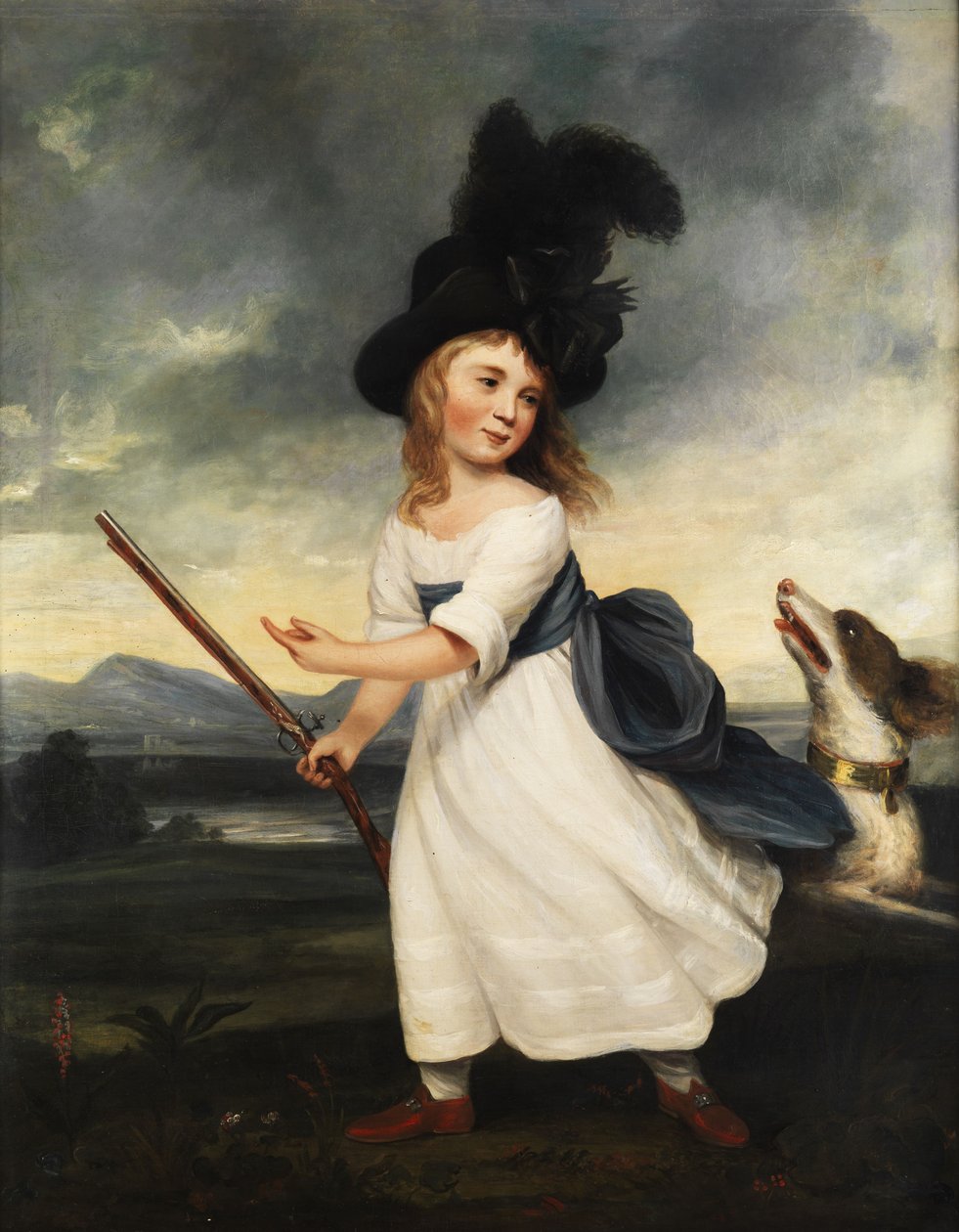 Portrait of a Girl in a White Dress, with Black Hat, Gun, and Hunting Dog by Unbekannt Unbekannt