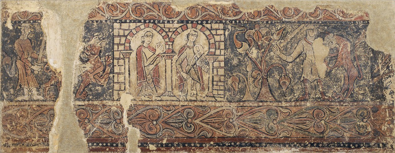 Profane Paintings from Sigena: Lady and Minstrel in a Palace and Lion Attacking a Soldier by Unbekannt Unbekannt
