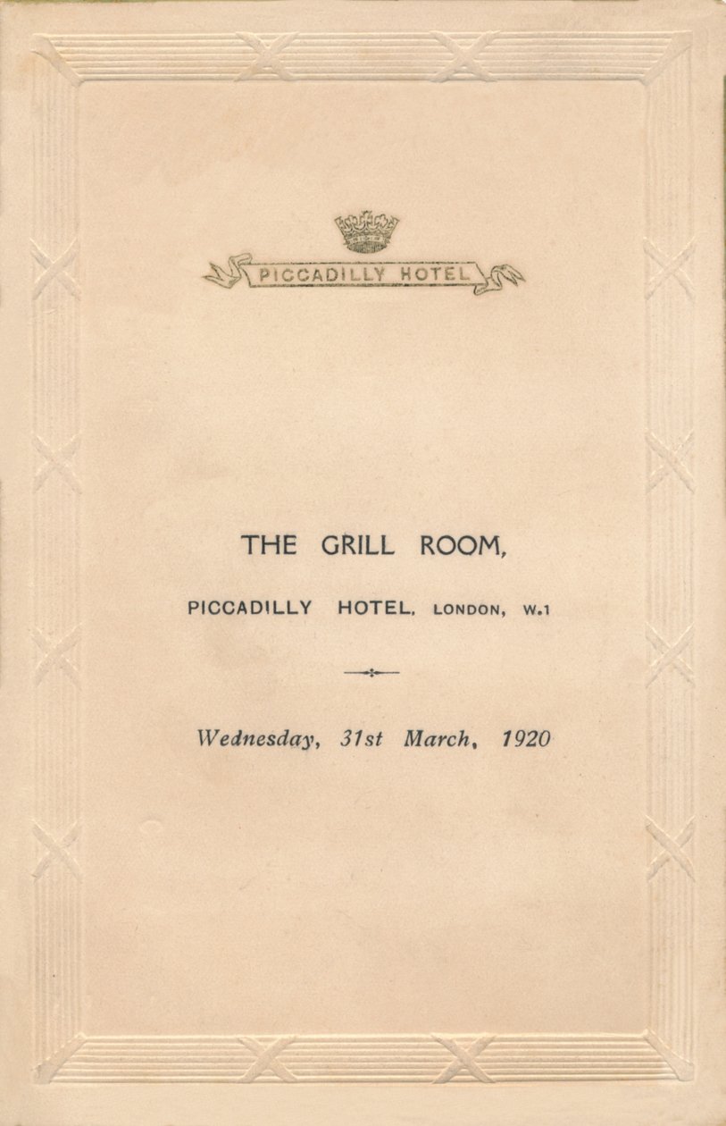 Menu for The Grill Room of the Piccadilly Hotel, London, 1920 by Unbekannt