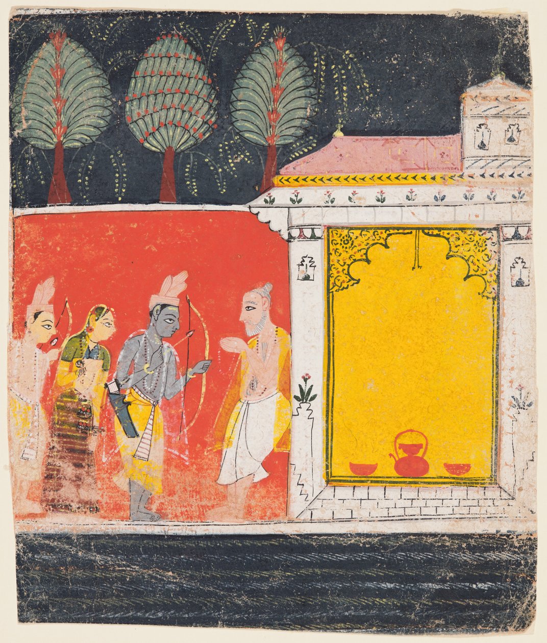 A page from a Ramayana: A night scene of Rama, Lakshman and Sita before the rishi by Unbekannt