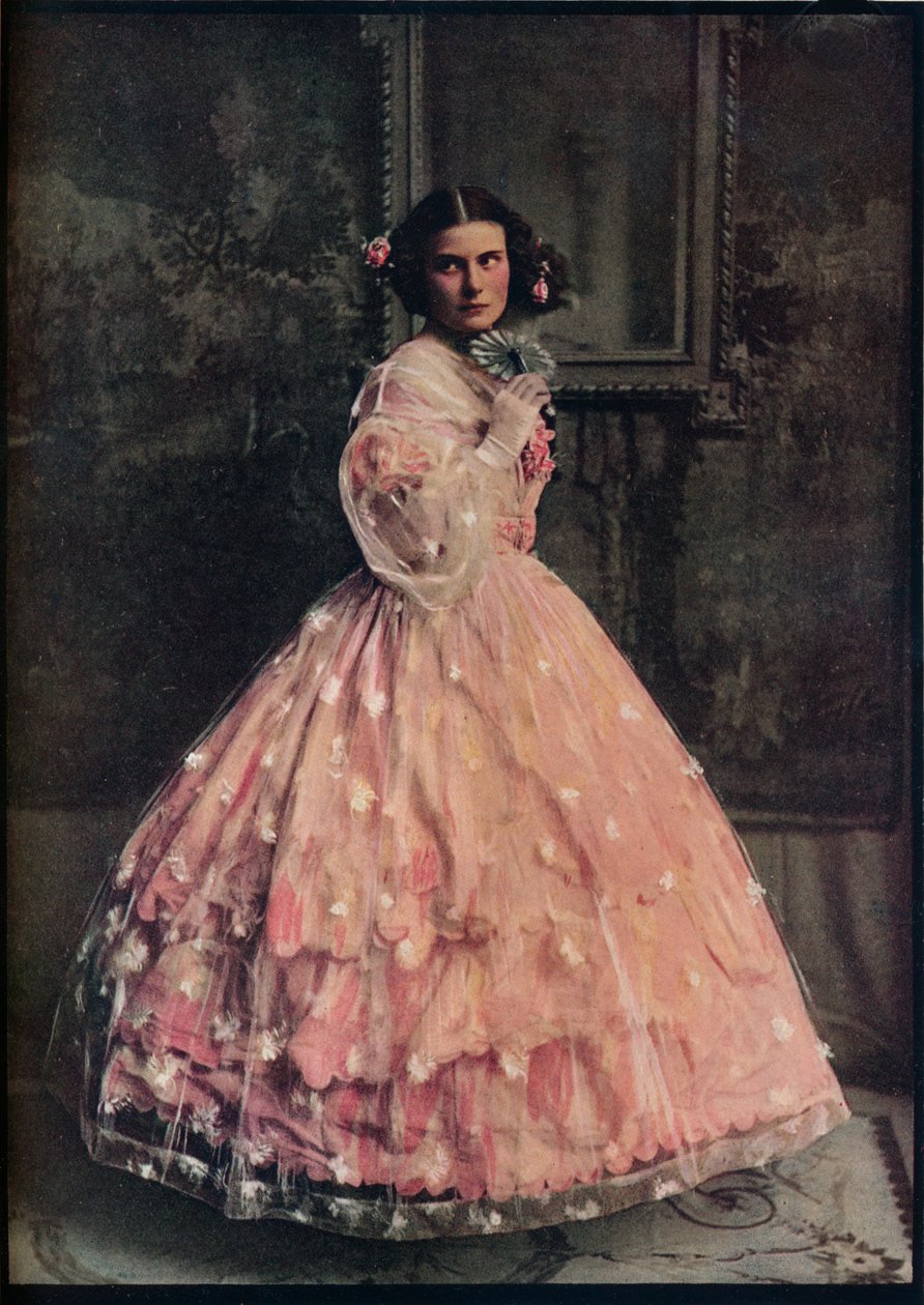 A Three-Flounced Ball-Dress of Pink Silk, with Overdress of White Flowered Gauze, 1850-60 by Unbekannt
