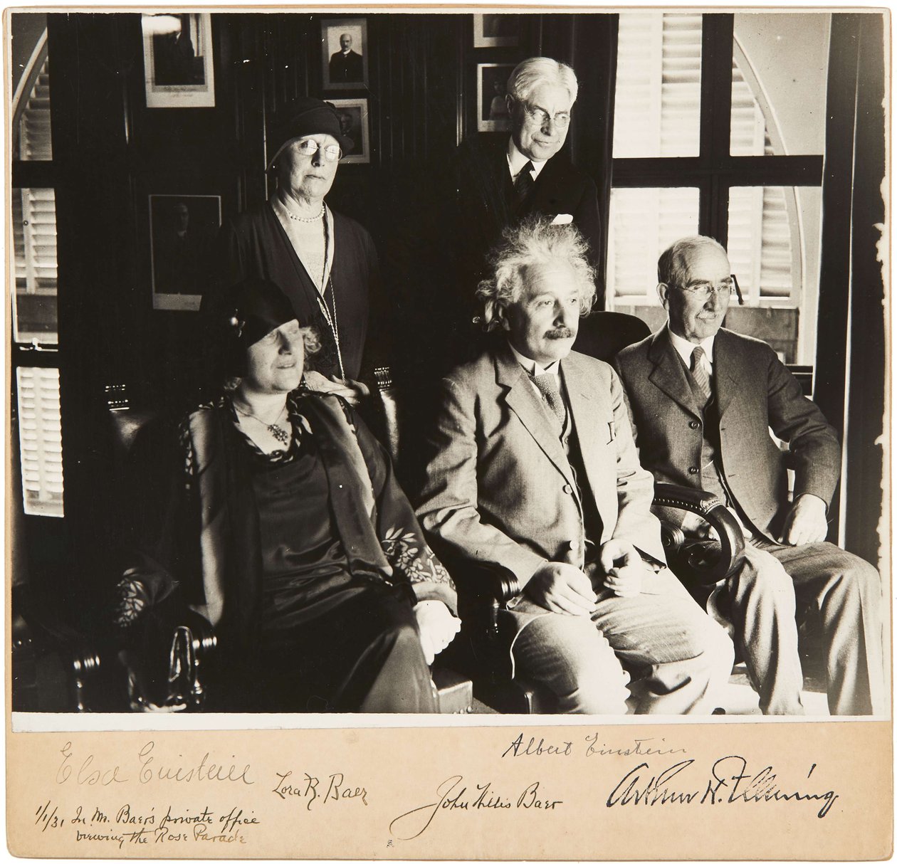 Albert and Elsa Einstein, John and Lora Baer and Arthur H. Fleming, Pasadena, 1 January 1931 by Unbekannt