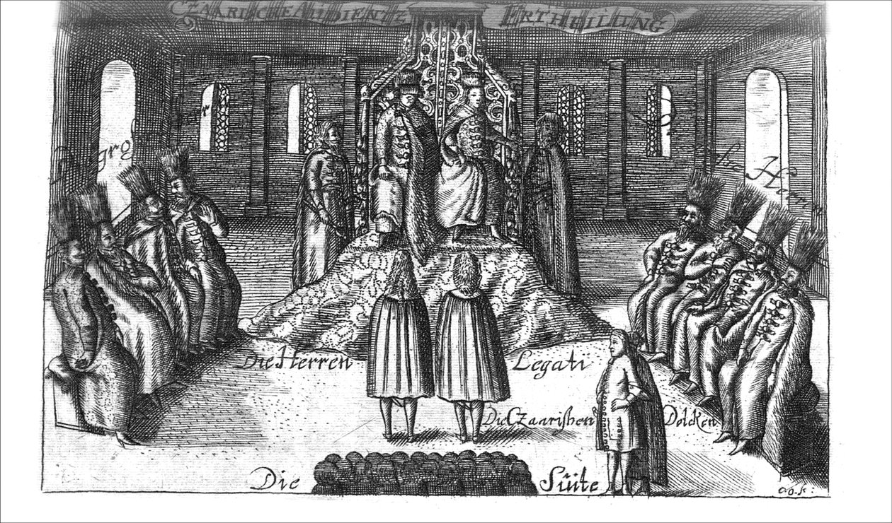 Audience with Ivan V, Peter I and Sophia Alekseyevna from Georg Adam Schleissing Derer beyden Czaaren in Reussland..., 1693 by Unbekannt
