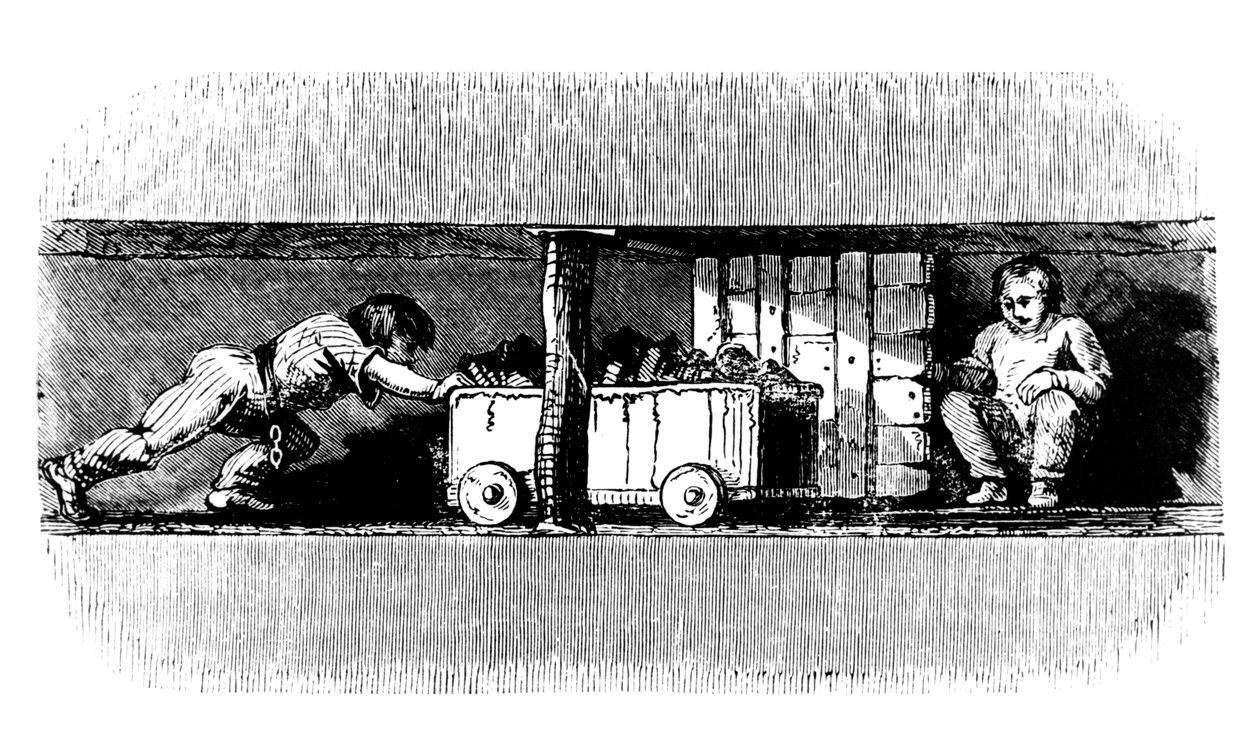 Boy pushing a truck loaded with coal from the coal face to the bottom of the pit shaft, c1848 by Unbekannt