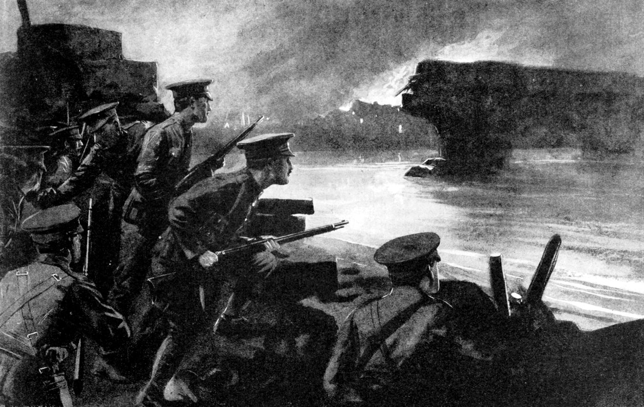 British troops on riverbank prepared for German advance, Belgium, First World War, 1914 by Unbekannt