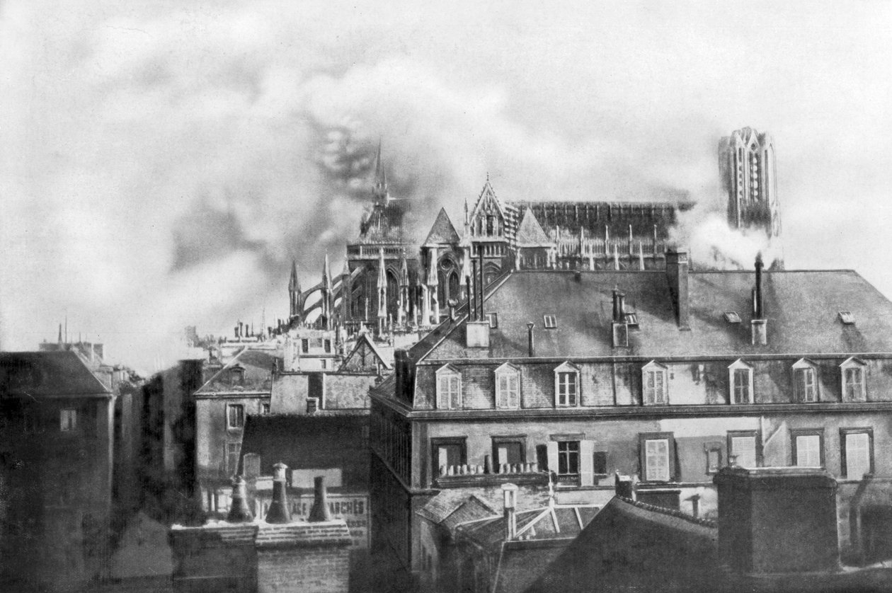 Cathedral of Reims on fire from German shelling, France, 1914 by Unbekannt