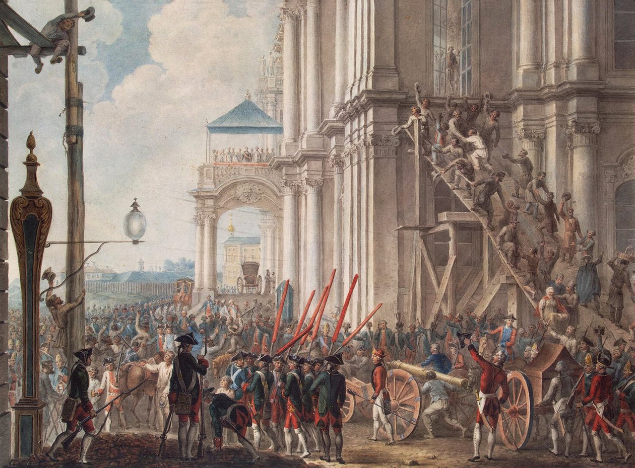 Catherine II on the Balcony of the Winter Palace, Greeted by the Guards on the Day of the Palace Revolution on June 28, 1762, Late 18th Century by Unbekannt