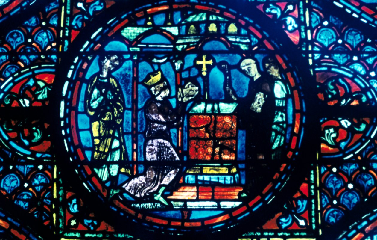 Charlemagne gives relics to the Chapel at Aix, stained glass, Chartres Cathedral, France, c1225 by Unbekannt