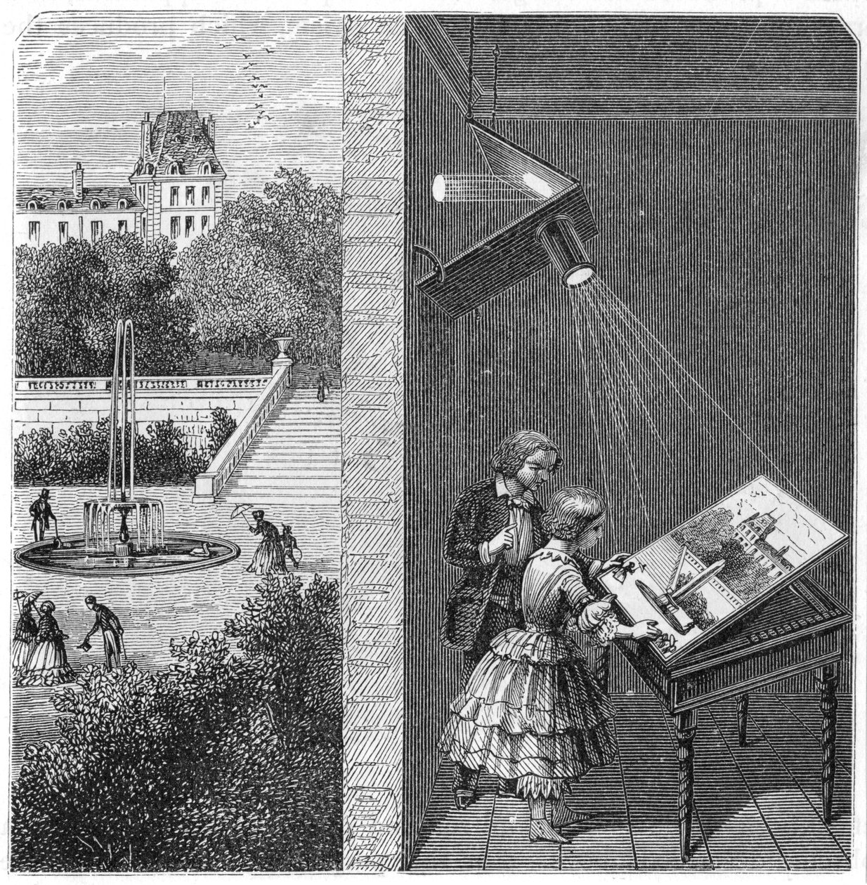 Children watching an outdoor scene through a camera obscura by Unbekannt