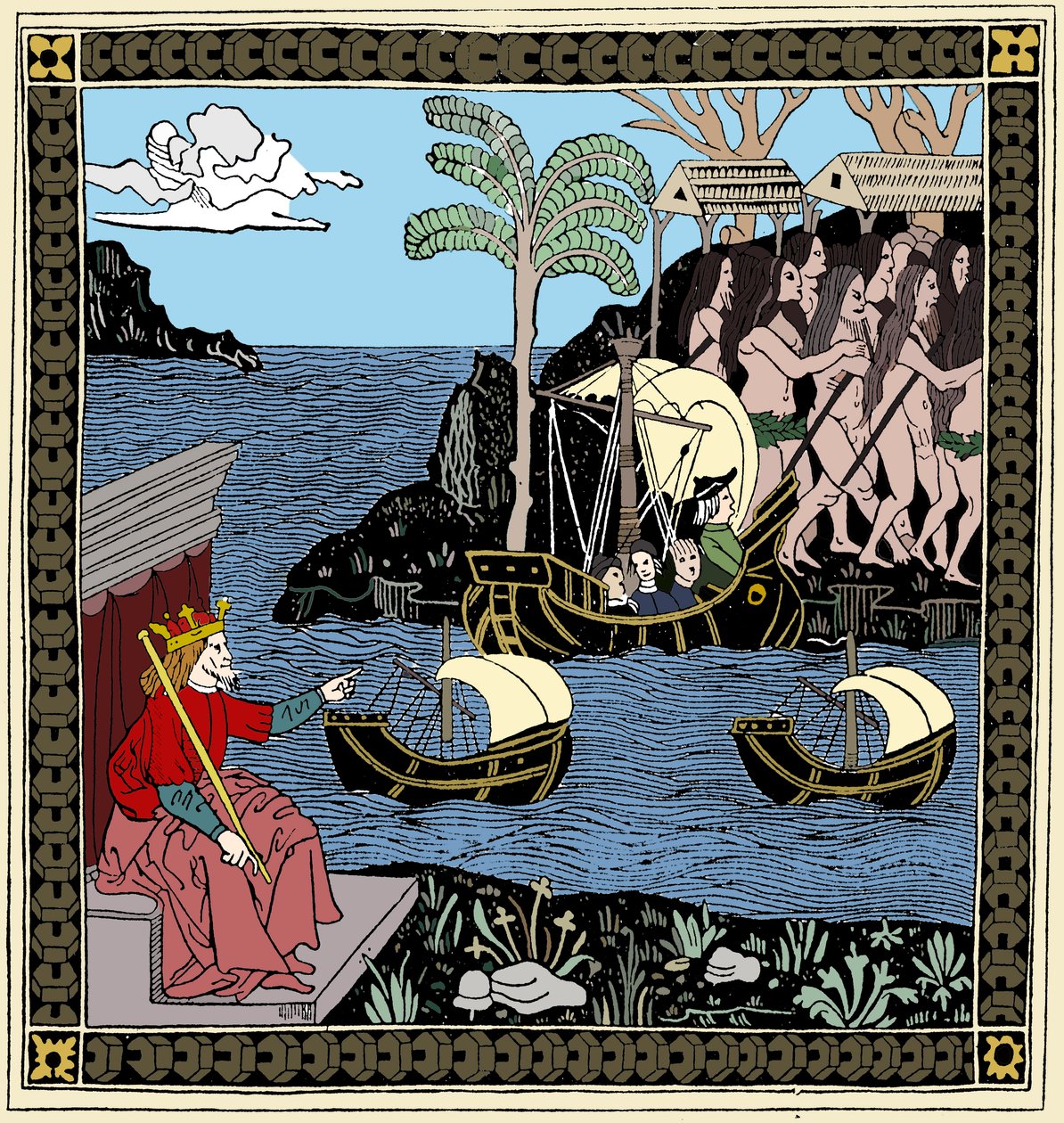 Christopher Columbus Discovering America, woodcut by Unbekannt
