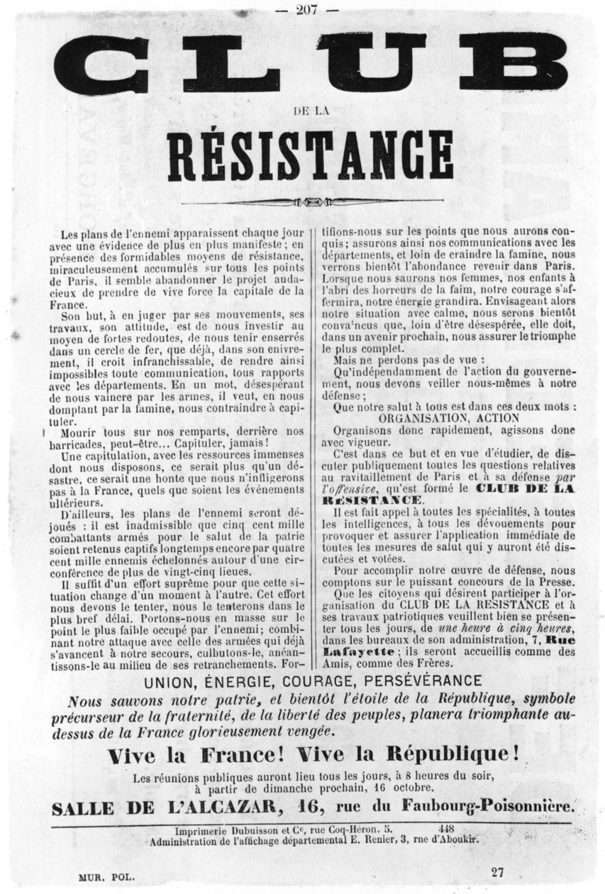 Club de la Resistance, from French Political posters of the Paris Commune, May 1871 by Unbekannt