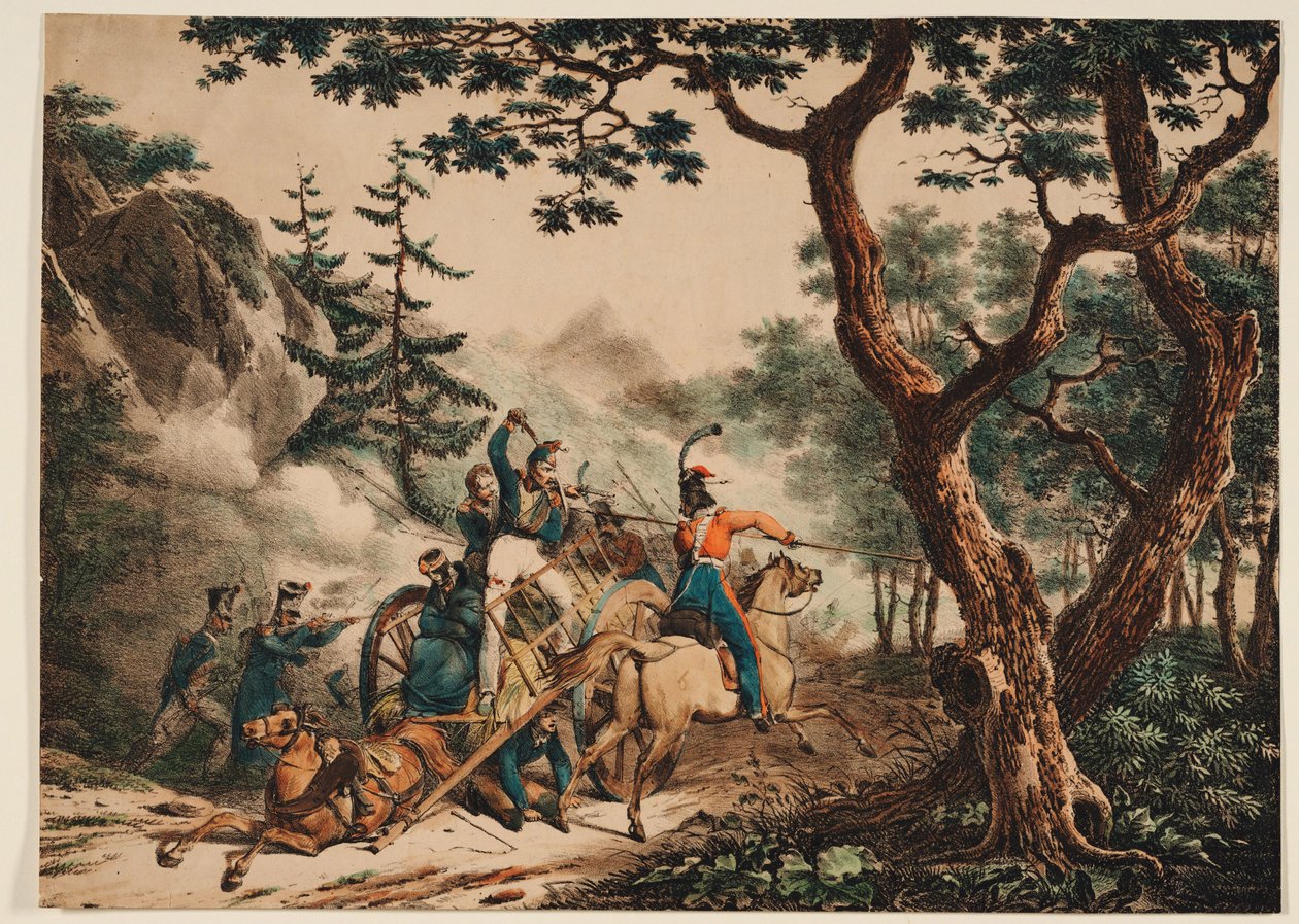 Cossacks attacking French soldiers in a forest by Unbekannt