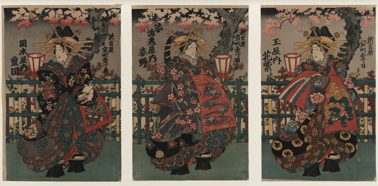 Courtesans Shigeoka, Sugatano and Hanamurasaki. Triptych. From the Series The Beauties of the Yoshiw by Unbekannt
