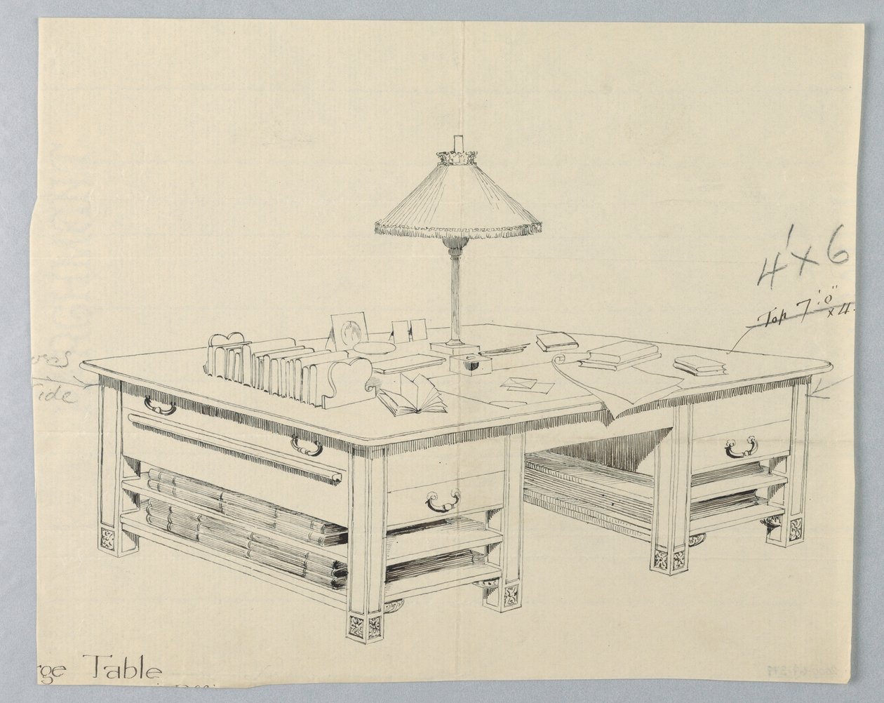 Design for Massive Library Storage Table with Two Open Stretcher Shelves on Either Side, 1900–05 by Unbekannt