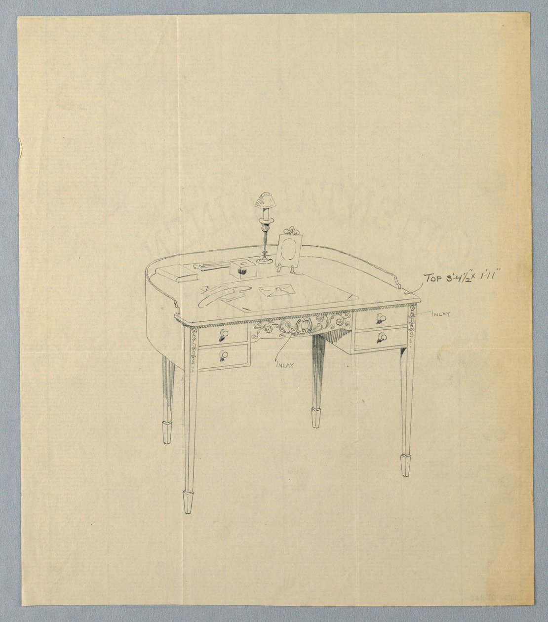 Drawing, Design for Semi-Circular Writing Table with Ornate Carved Panel Center Front by Unbekannt