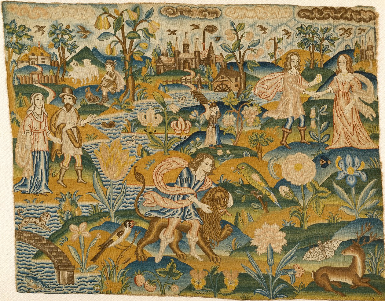 Embroidered Picture: Man with a Lion in a Landscape with Two Couples, 2nd Half of the 17th Century by Unbekannt