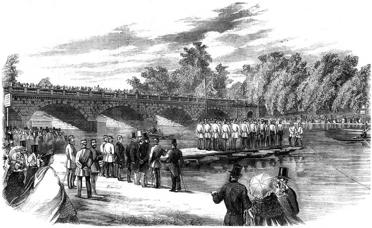 Experiments with Captain Fowkes Pontoon Bridge on the Serpentine, Hyde Park, London, 1860 by Unbekannt