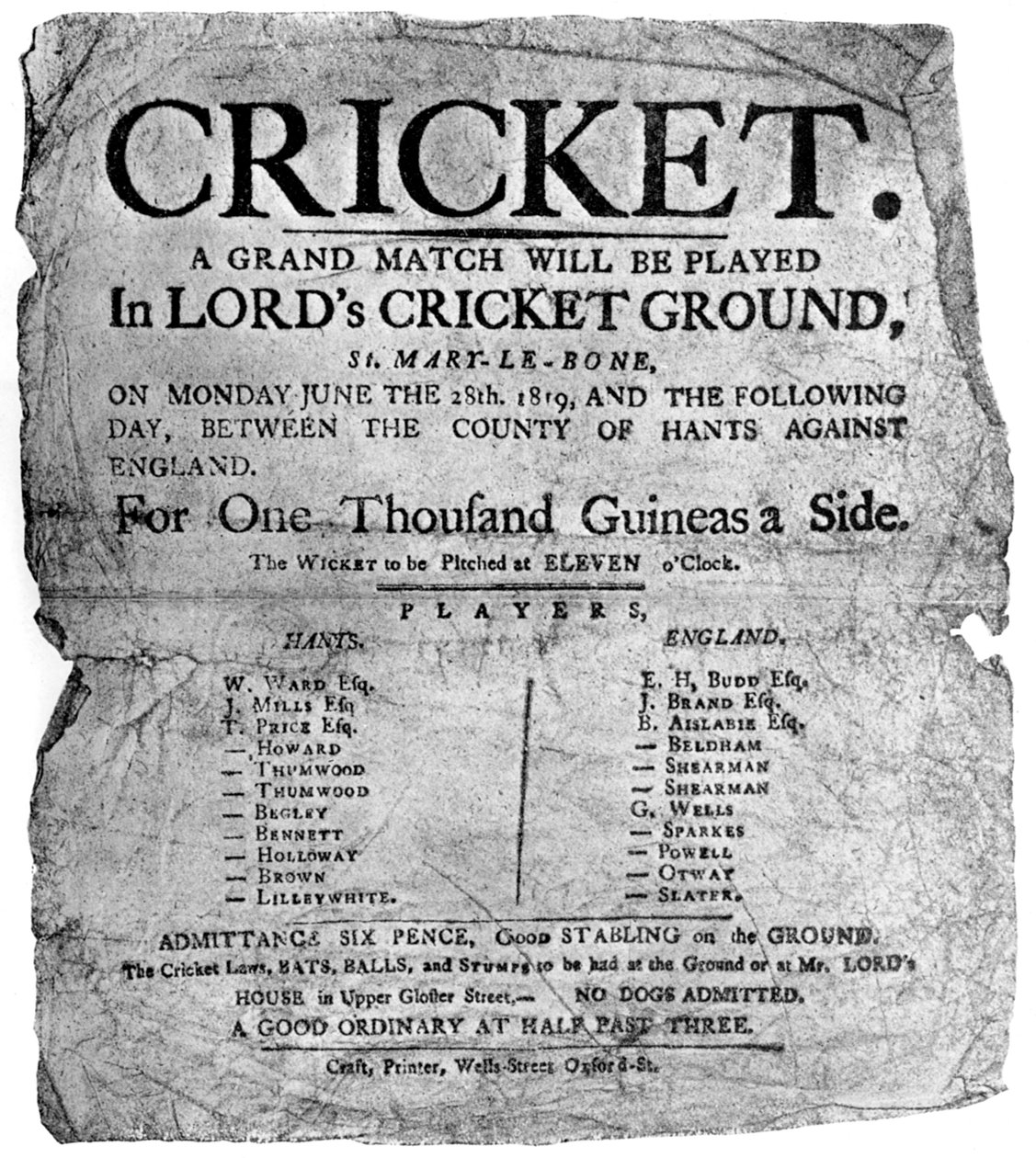 Flyer Advertising a Cricket Match Between Hampshire and England by Unbekannt