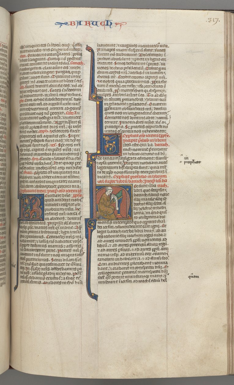 Fol. 317r, Baruch, Historiated Initial H, Baruch Seated at a Desk Writing on a Scroll by Unbekannt