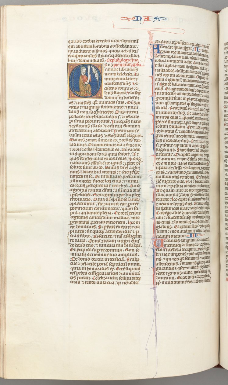 Nahum, historiated initial O, Nahum kneeling with a scroll, bust of God above, c. 1275-13 (detail) by Unbekannt