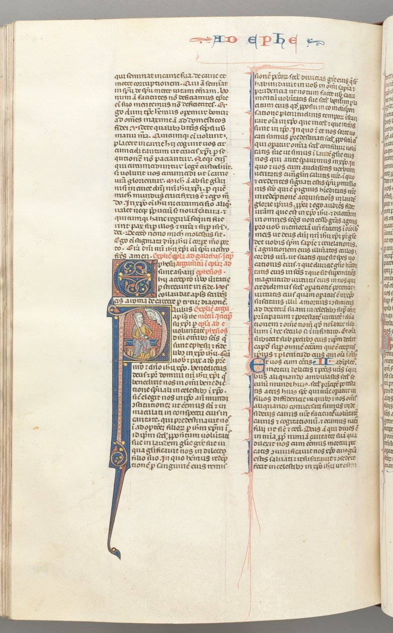 Ephesians, historiated initial P, Paul seated with a sword, the bust of God above by Unbekannt