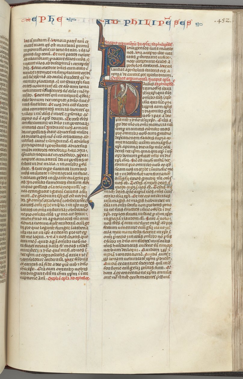 Philippians, Historiated Initial P, Paul Standing with a Sword and a Scroll, Talking by Unbekannt