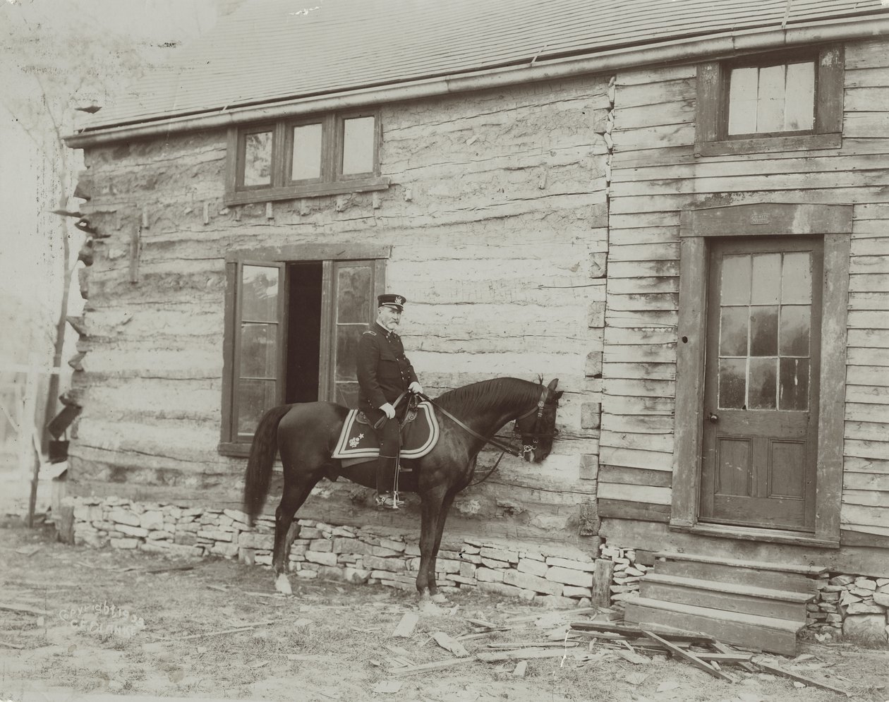 General Frederick Dent Grant on horseback in front of the cabin (Hardscrabble) built by his father, Ulysses S. Grant by Unbekannt