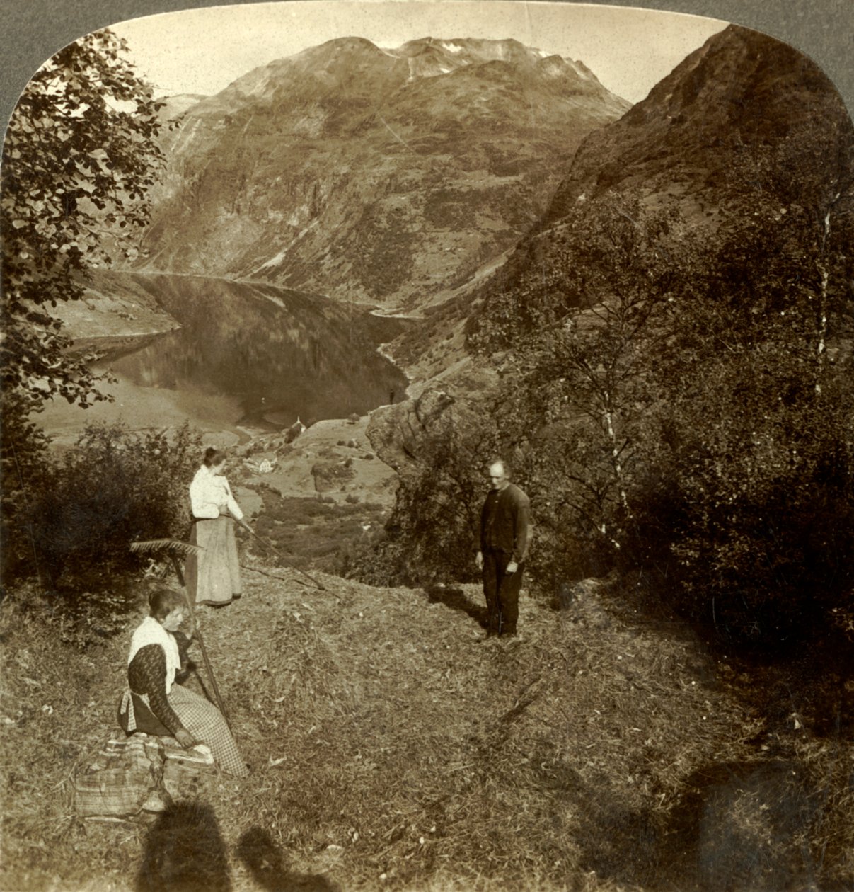 Haying on Mountain Shelf High Above Marok Village and Mirror-Clear Geirangerfjord, Norway, c1905 by Unbekannt