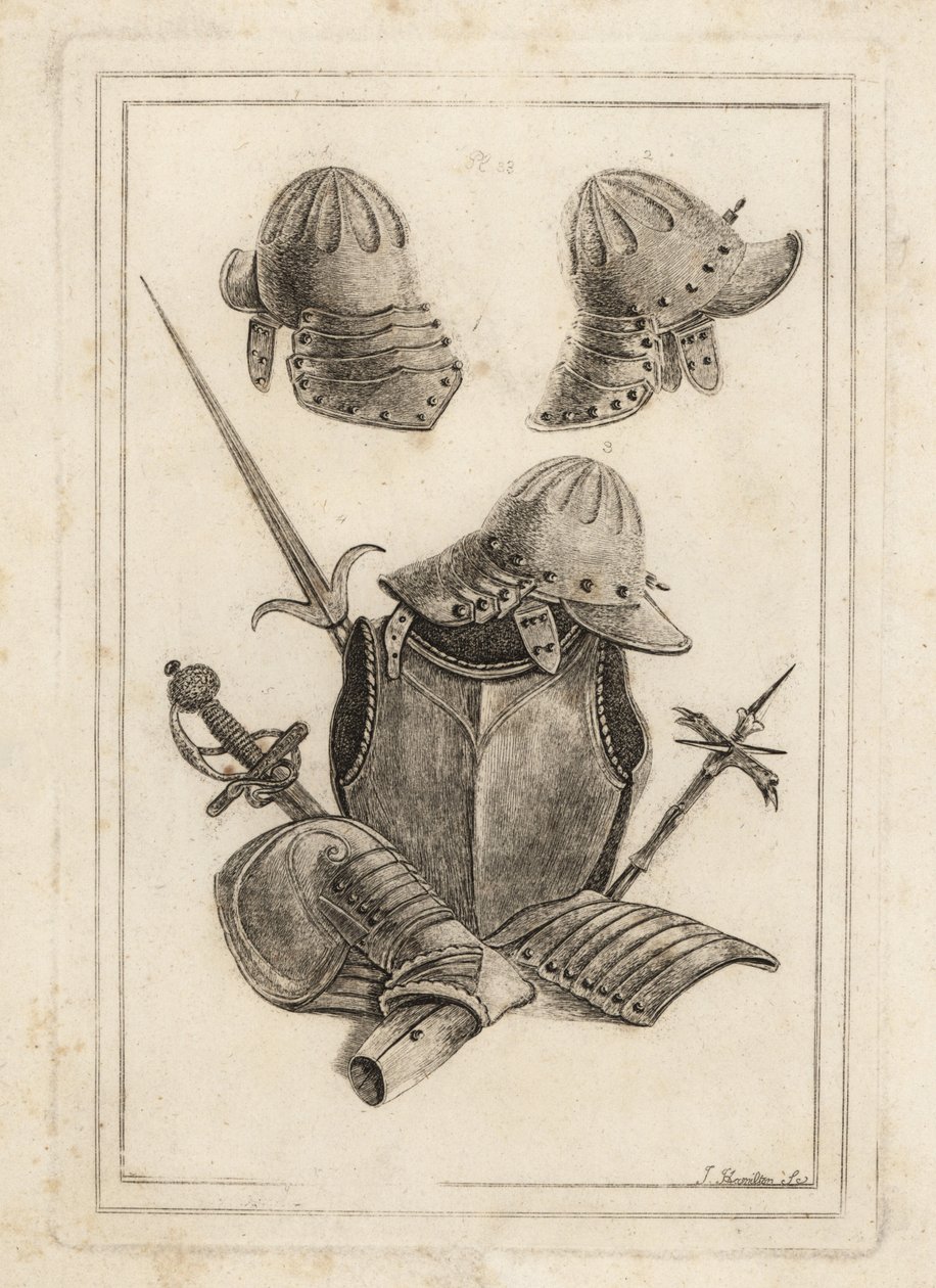 Helmet from a Suit of Armour of the Time of King Charles I, Breastplate, Tassets and Pouldron, Ancient Pertuisan, Sword with Silver Hilt and Hammer of Arms from the Tower of London by Unbekannt