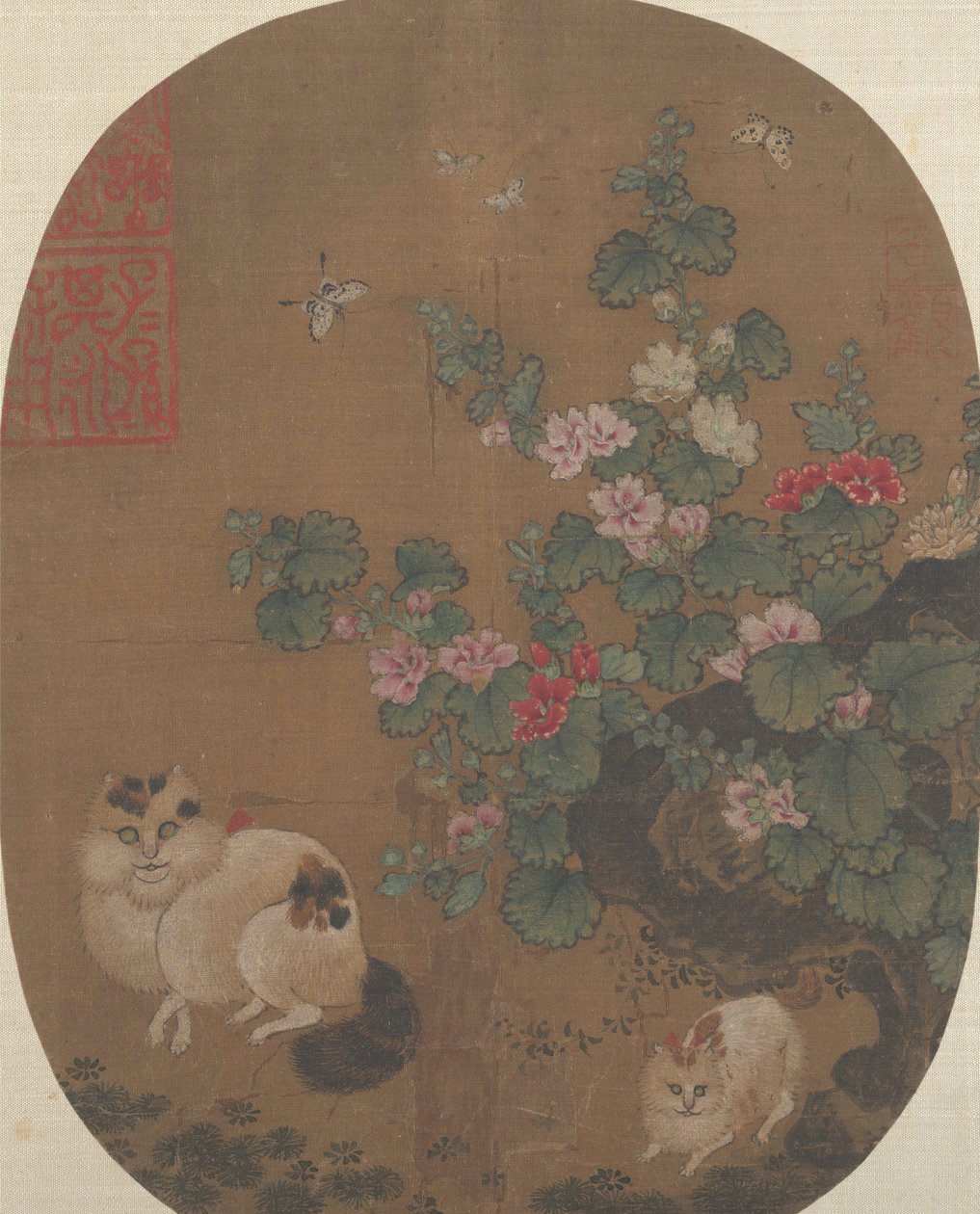 Hollyhocks and Cats by Unbekannt