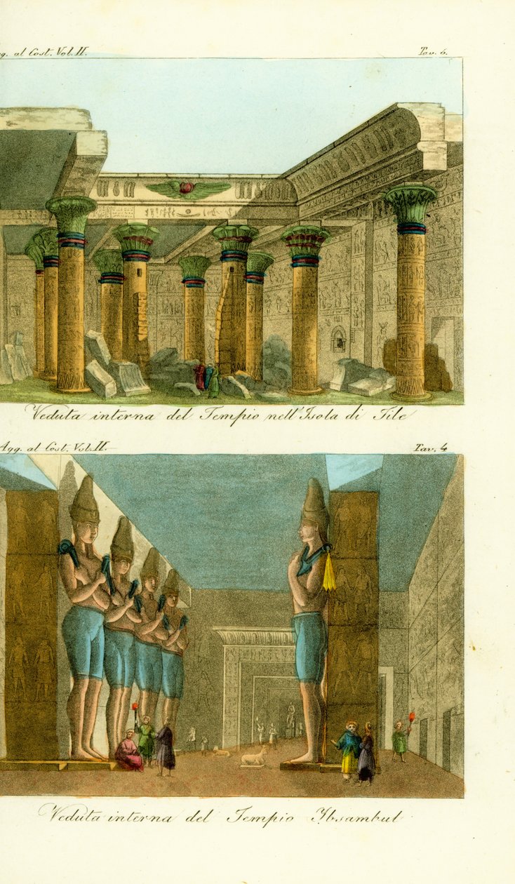 Interior of the Temple of Isis on Philae Island, Nubia, and interior of the Great Temple of Ramses II at Abu Simbel, Nubia by Unbekannt