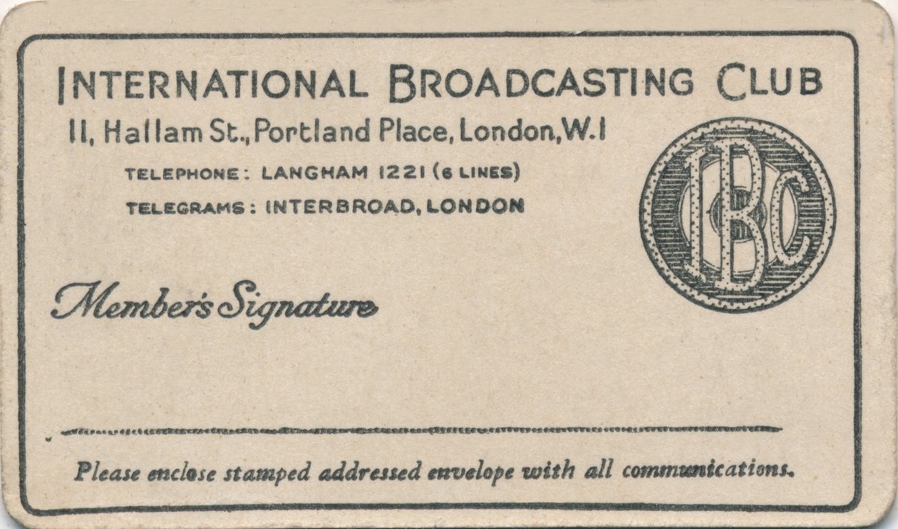 International Broadcasting Club: Membership card, c1930s by Unbekannt