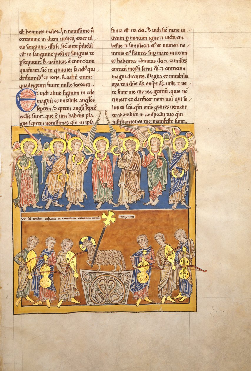 Leaf from a Beatus Manuscript: Seven Angels Hold the Cups of the Seven Last Plagues by Unbekannt