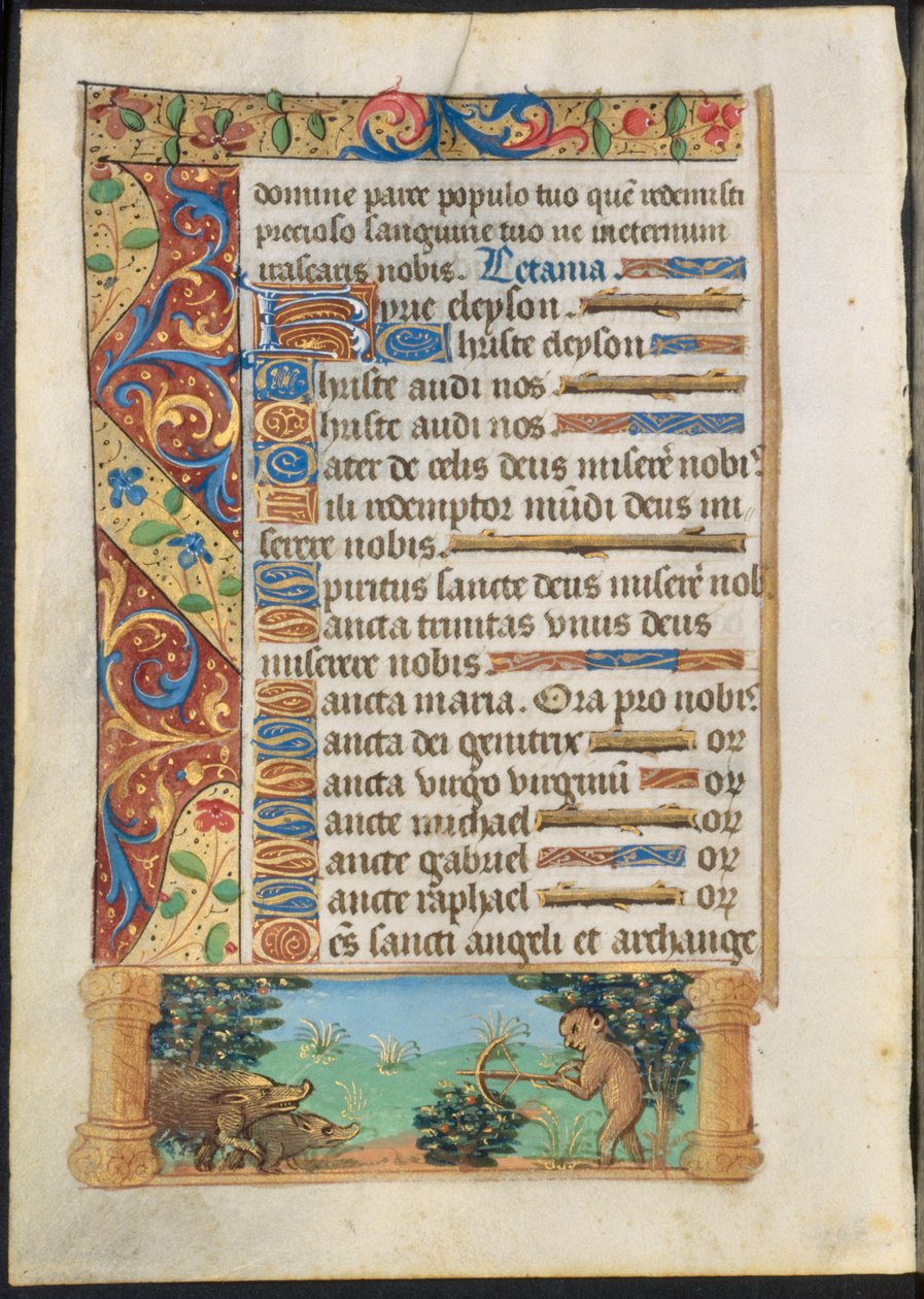Leaf from a Book of Hours: Ape Hunting Wild Boars recto and Ape Fishing verso by Unbekannt