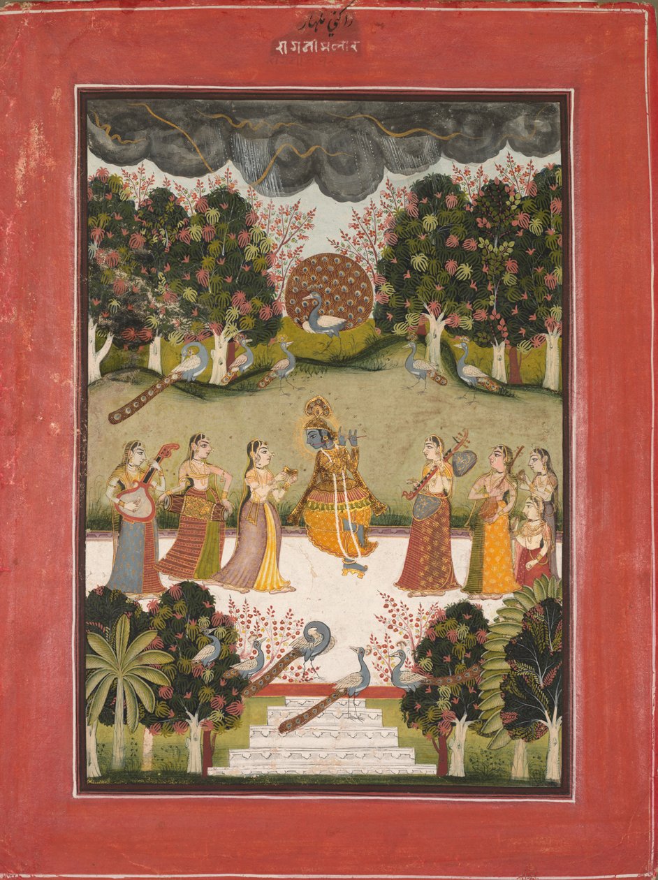 Malar Ragini: Krishna Playing the Flute to Seven Gopis Holding Musical Instruments, c. 1760 by Unbekannt